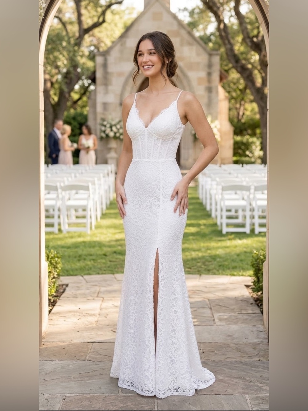 Morgan & Co 12938 White Lace High Slit Gown Size 3 NWT